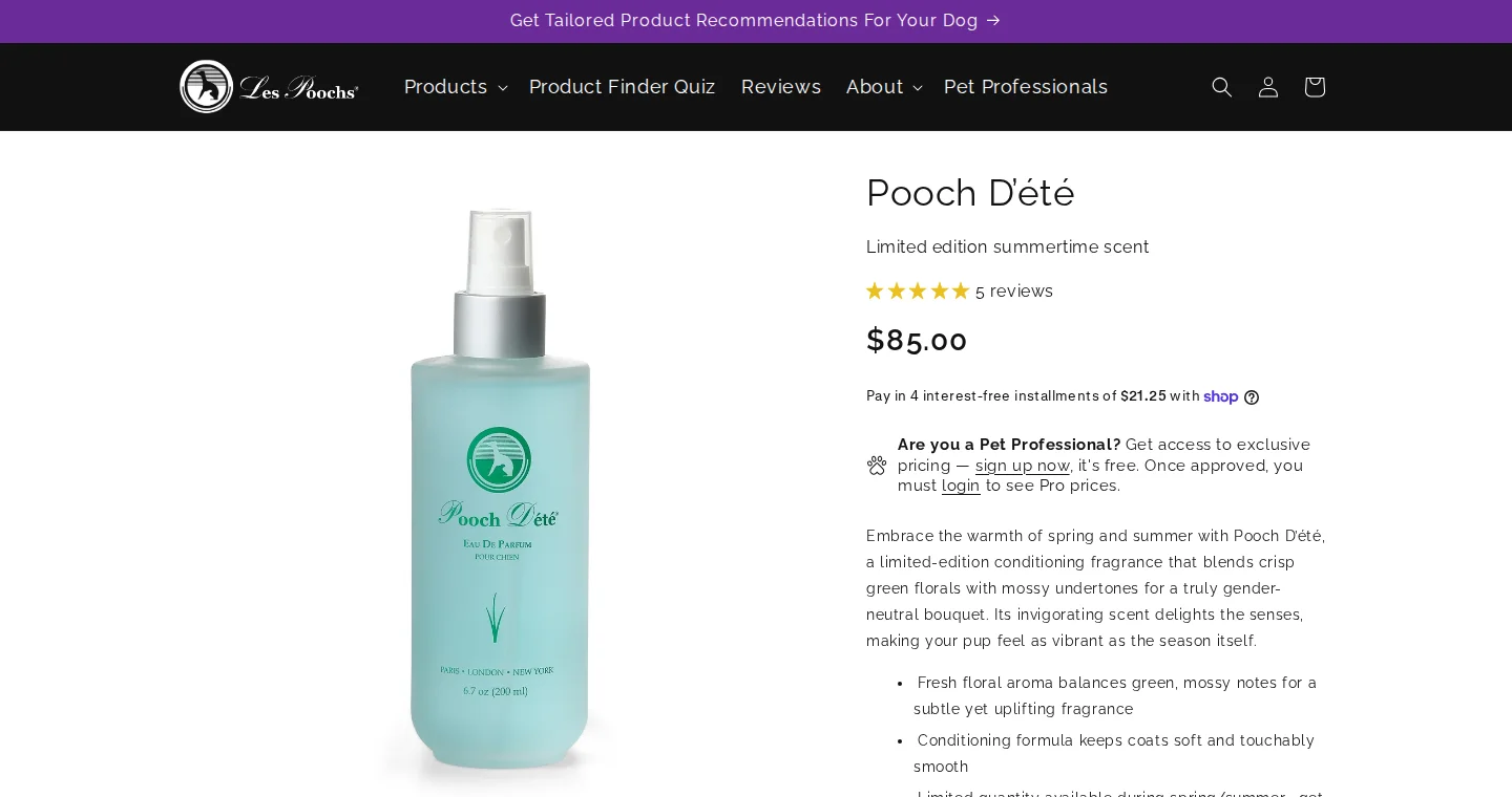 Product page for Pooch D'ete showing the retail price and a notice for pet professionals to sign up and log in to see Pro prices