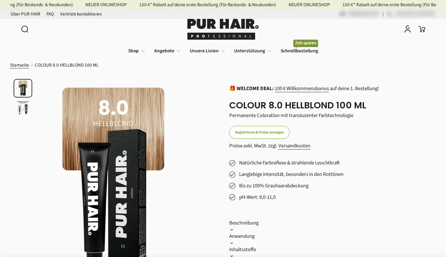 PUR HAIR PRO product page where the price is replaced by a Register and show prices button