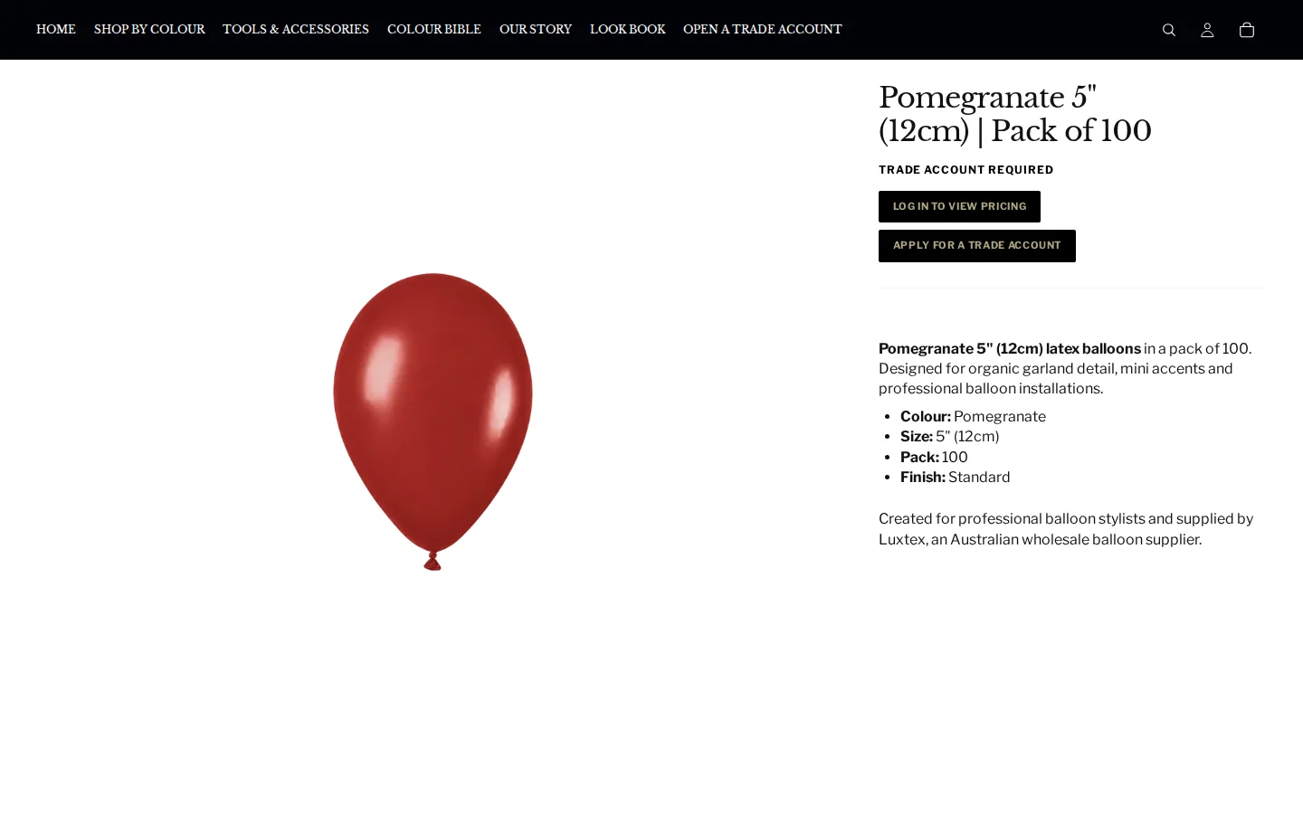 Product page for Pomegranate 5 inch latex balloons with Trade account required and two buttons in place of the price