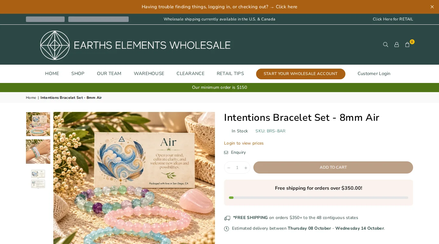 Product page for an Intentions Bracelet Set showing Login to view prices under the title