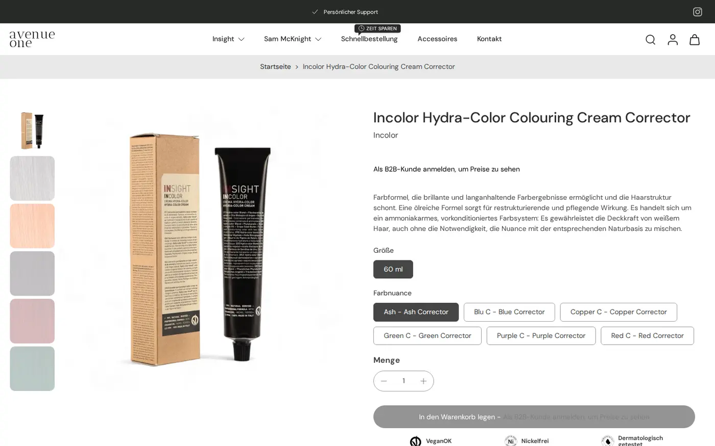Avenue One product page where the price is replaced by a message asking visitors to log in as a B2B customer, with a disabled add to cart button
