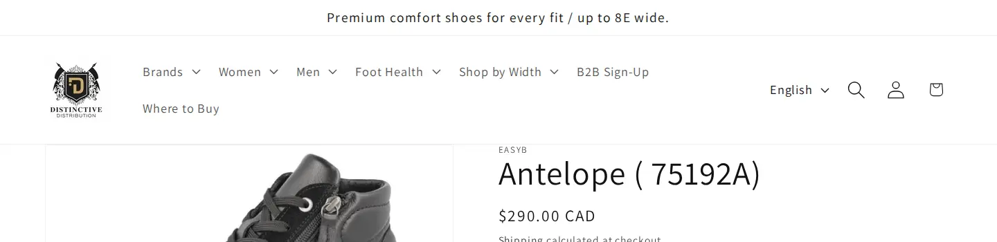 Distinctive Distribution product page header with a B2B Sign-Up link in the main menu and Where to Buy