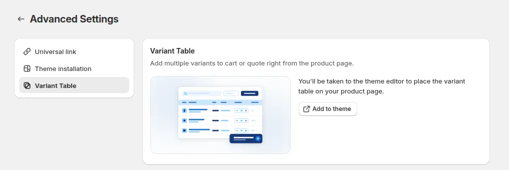 BSS B2B Quote Advanced Settings, Variant Table card with an Add to theme button that opens the theme editor