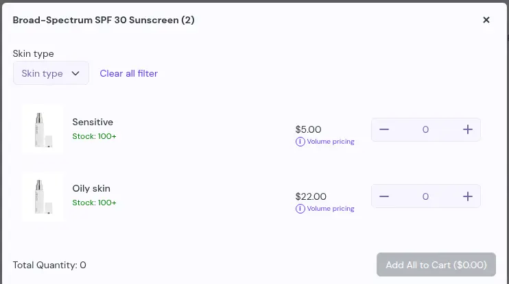 Variant window on the Quick Order page with one row per variant, price, quantity field and an Add All to Cart button