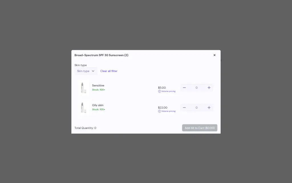 Variant window on the Quick Order page with one row per variant, price, quantity field and an Add All to Cart button
