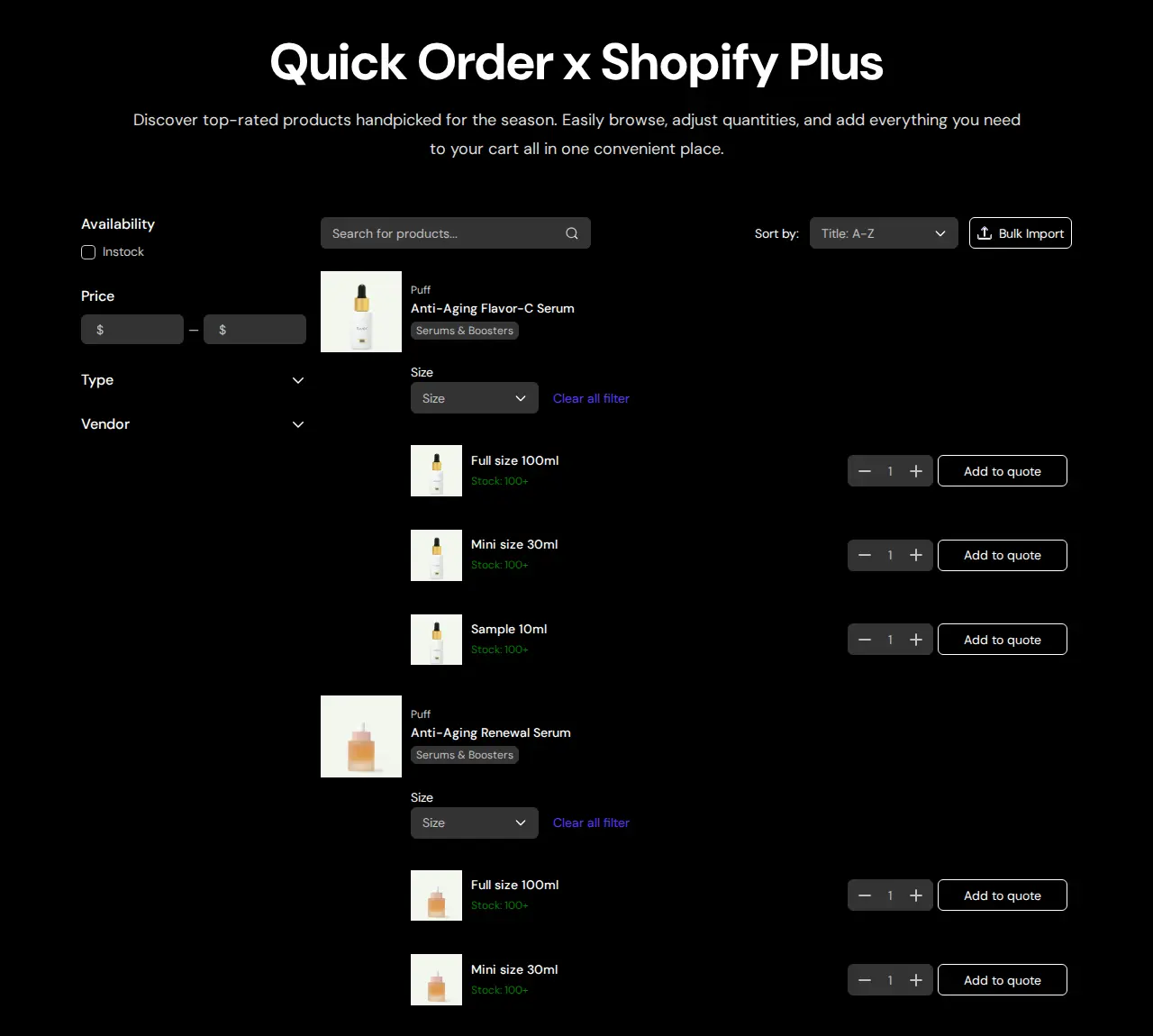 Quick Order demo page listing each variant of two products on its own row with a quantity field and an Add to quote button