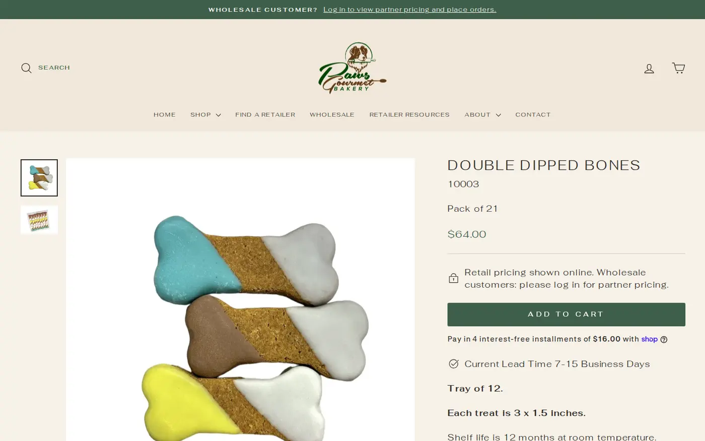 Paws Gourmet Bakery product page showing a retail price visible to every visitor