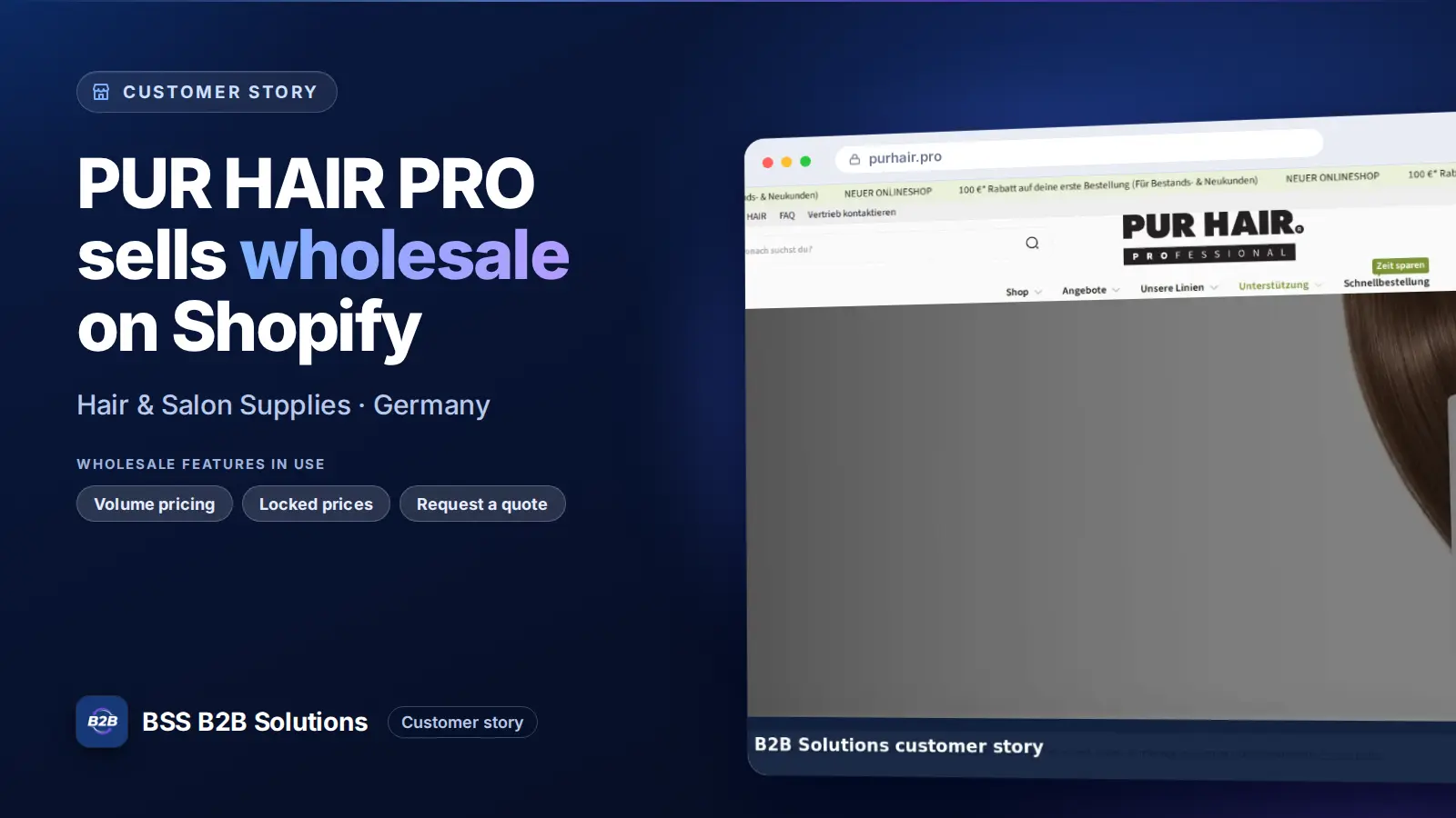 Browser window showing the merchant storefront, PUR HAIR PRO sells wholesale on Shopify. Cover for: PUR HAIR PRO: How a German Haircare Wholesale Brand Sells to Salons on Shopify