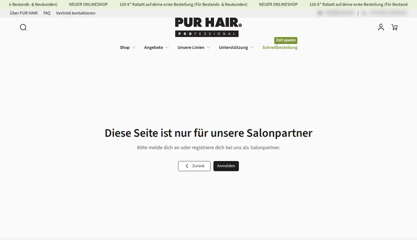 PUR HAIR PRO quick order page for guests saying the page is only for salon partners with sign in and back buttons