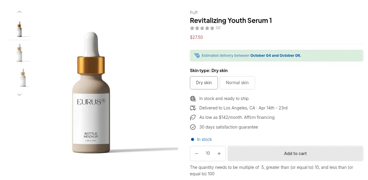 Demo storefront product page with the quantity box starting at 10 and a hint that the quantity needs to be a multiple of 5, at least 10 and at most 100