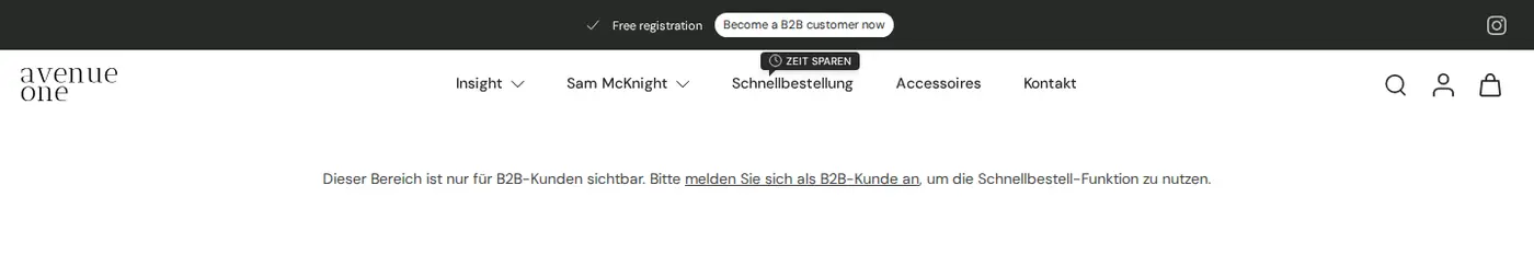 Avenue One quick order page showing a message that the area is only visible to B2B customers
