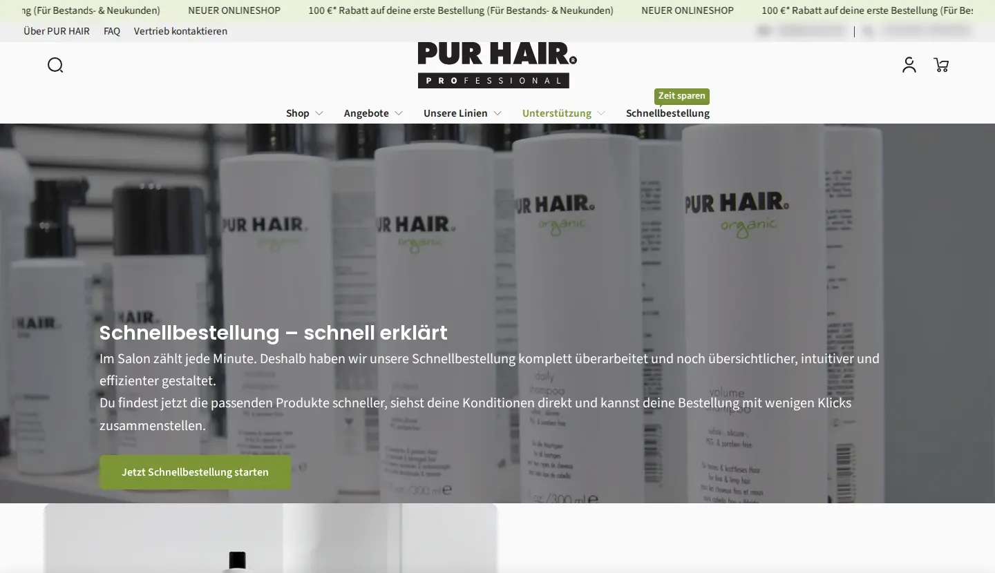 PUR HAIR PRO quick order explainer page with a button to start the quick order