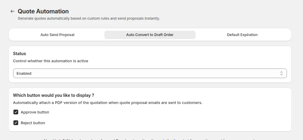 BSS B2B Quote Quote Automation, Auto Convert to Draft Order tab, status Enabled with Approve button and Reject button ticked