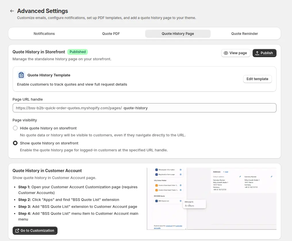 BSS B2B Quote Advanced Settings, Quote History Page tab showing the page as Published with its URL handle and visibility