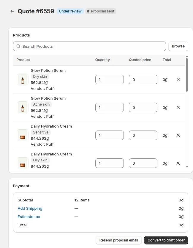 BSS B2B Quote quote detail with products, quantities, quoted prices, the payment summary and Resend proposal email and Convert to draft order buttons