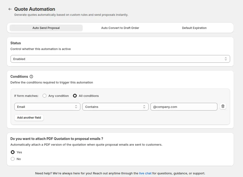 BSS B2B Quote Quote Automation, Auto Send Proposal tab with a rule that matches an email domain and an option to attach a PDF