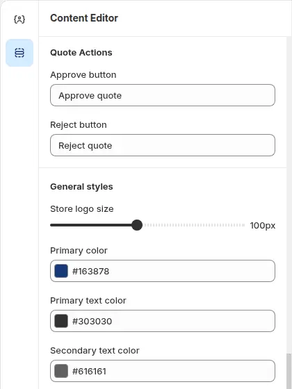 Quote Proposal Email Template editor with the Quote Actions section: text fields for the Approve button and Reject button labels, and style settings
