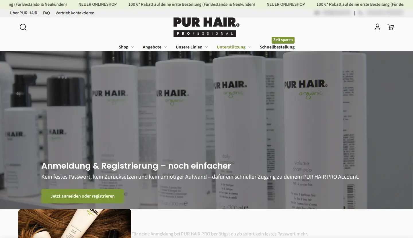 PUR HAIR PRO registration and sign-in page explaining passwordless login with a button to sign in or register