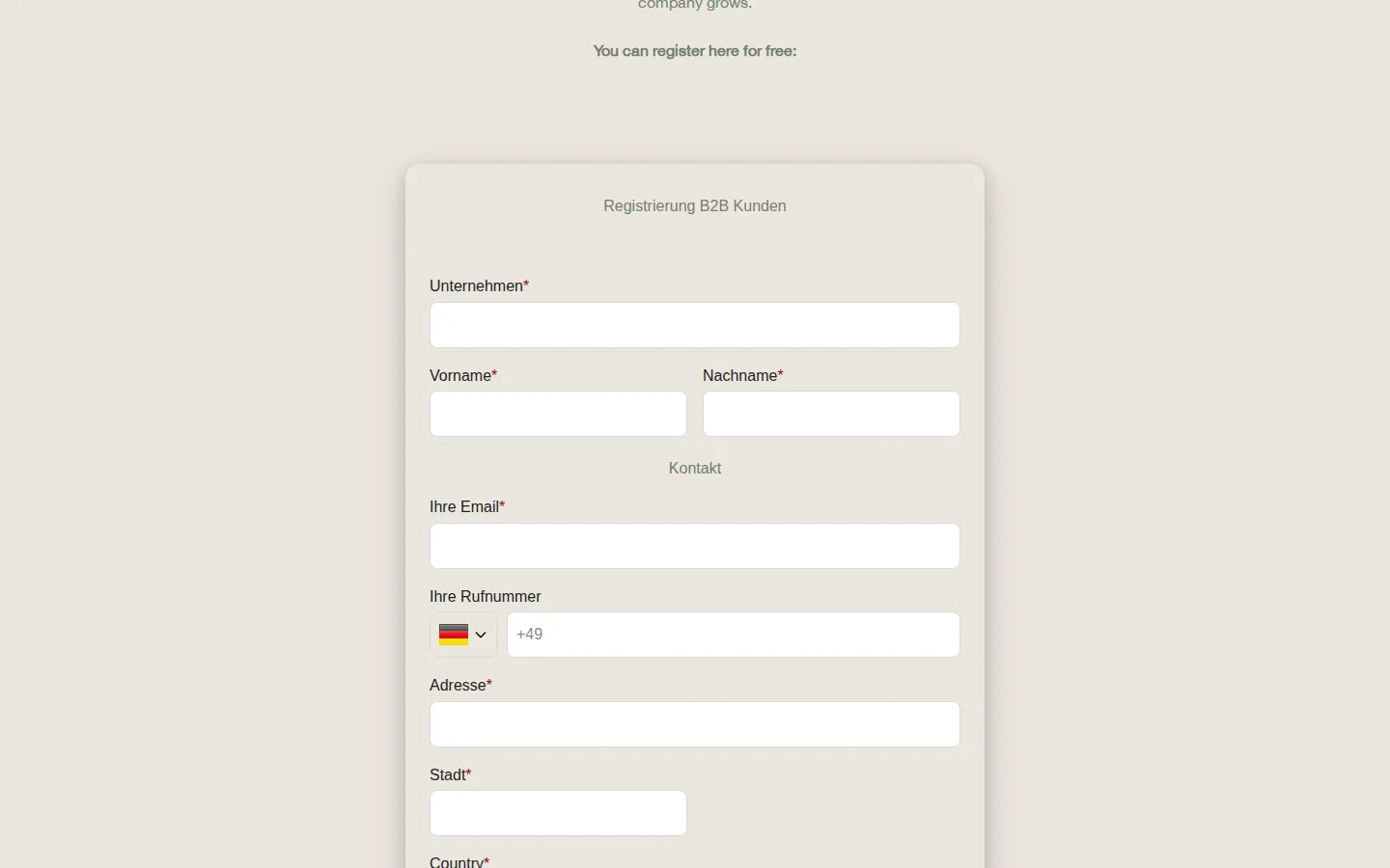 Caventura B2B registration form with company, name, email, phone and address fields