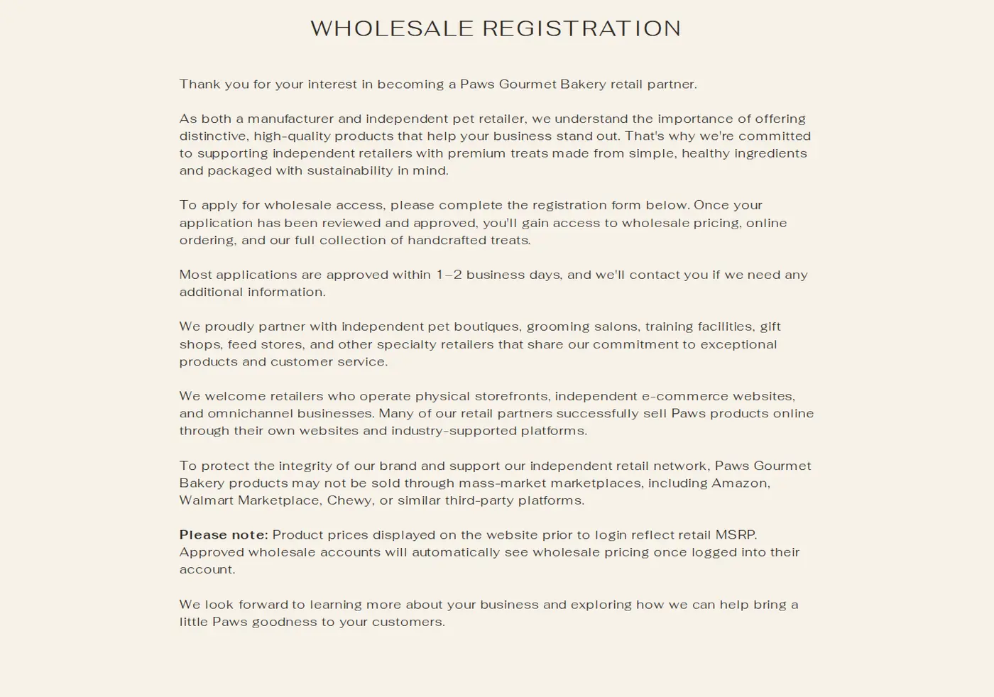 Paws Gourmet Bakery wholesale registration page explaining how retailers apply, approval time and wholesale price display