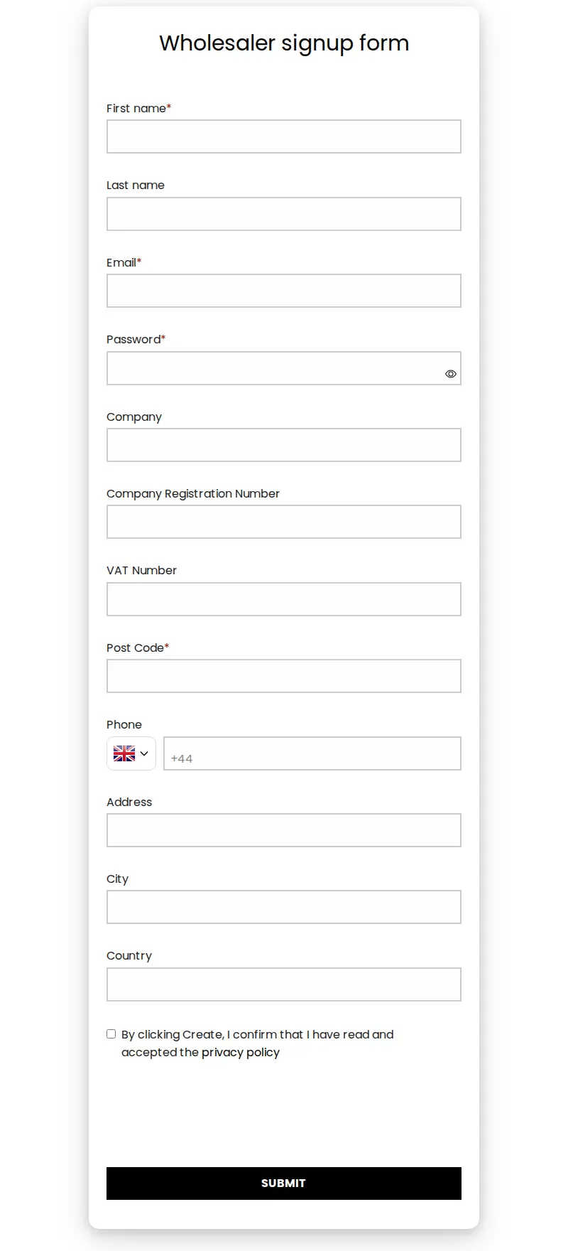 SL Lighting wholesaler signup form with company registration number, VAT number, post code and phone fields