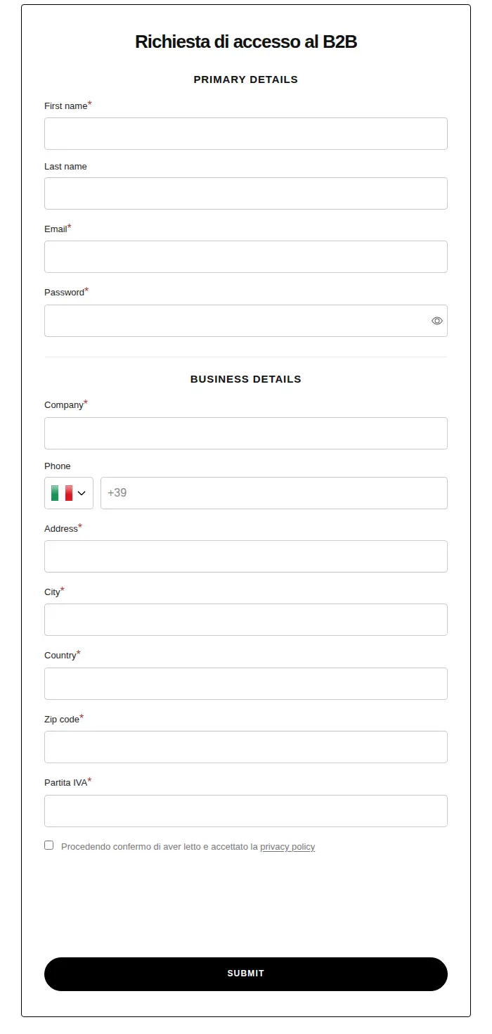 Apes Lab B2B access request form with primary details and business details including a required Partita IVA field