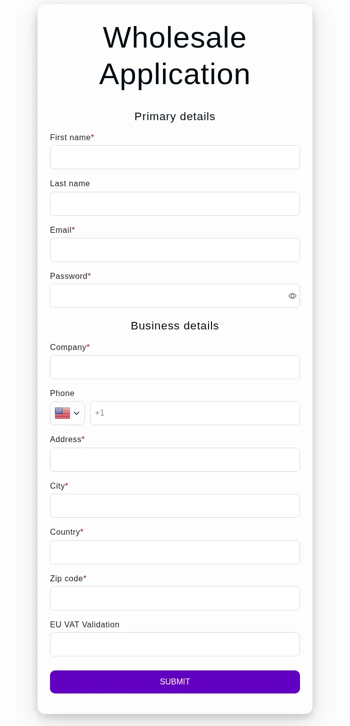 Sinful Glow Body Collective Wholesale Application form with primary details and business details including an EU VAT validation field