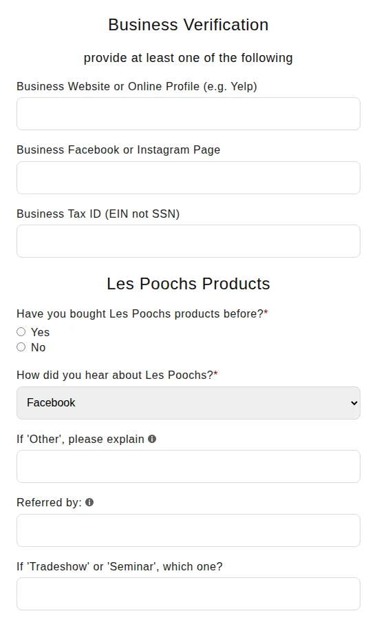 Lower part of the Les Poochs registration form with Business Verification fields, a question about previous purchases and an About The Pro Program section