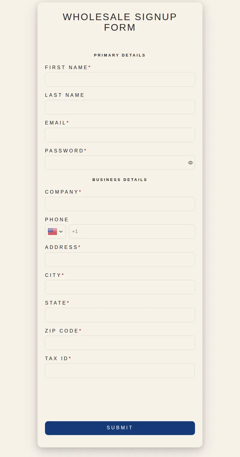 Paws Gourmet Bakery wholesale registration form fields below the introduction text