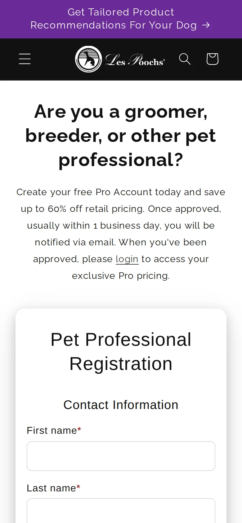 Pet Professional registration page on a phone screen
