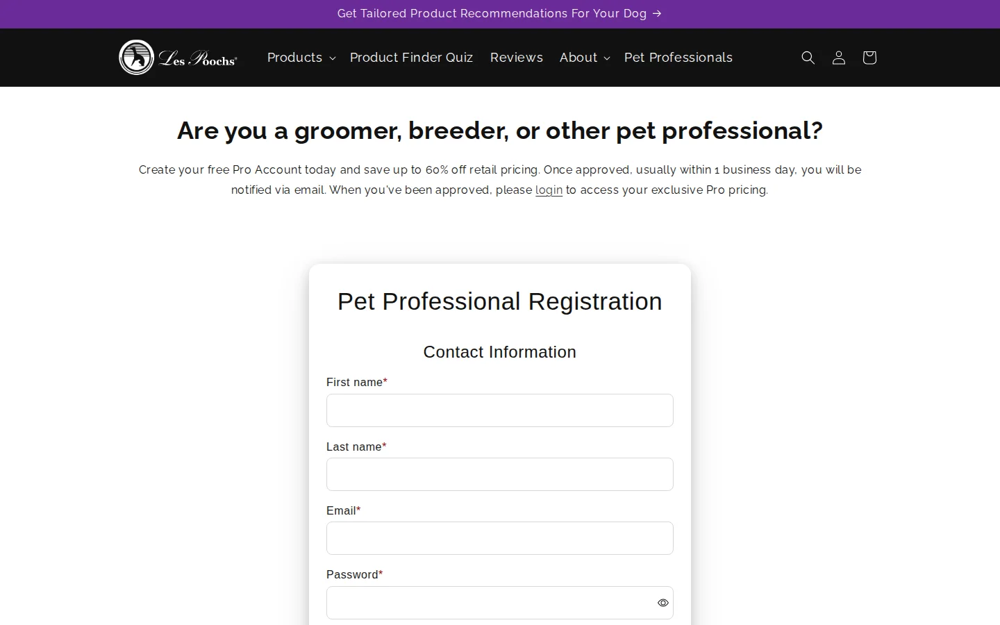 Pet Professional Registration page headed Are you a groomer, breeder, or other pet professional, with the start of the form