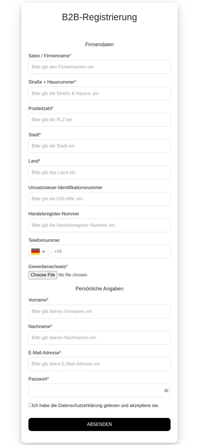 Avenue One Shop B2B registration form in German with company data fields for salon name, address, postcode, city, country and VAT ID