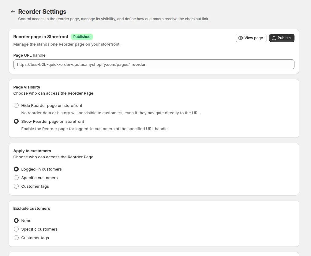 BSS B2B Quote Reorder Settings with the page handle, page visibility, who can access the page and exclusion options