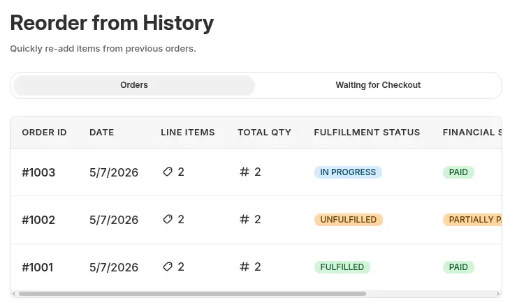 Reorder from History page with an Orders tab and a Waiting for Checkout tab and a list of past orders