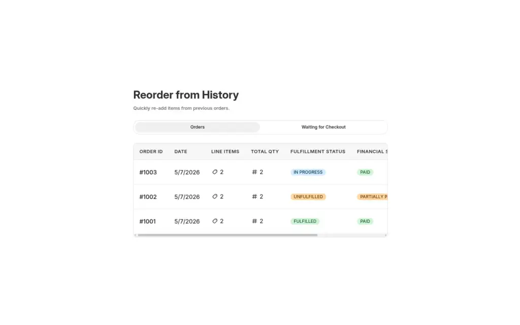 Reorder from History page with an Orders tab and a Waiting for Checkout tab and a list of past orders