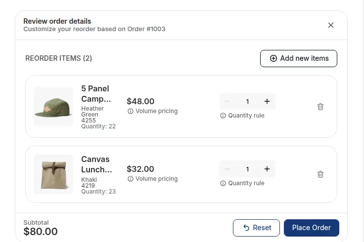 Review order details window showing two reorder items with quantities, quantity rules and a Place Order button