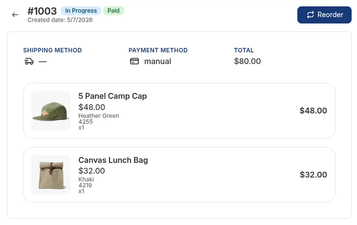 Draft order detail page with the items, prices, shipping and payment method and a Reorder button