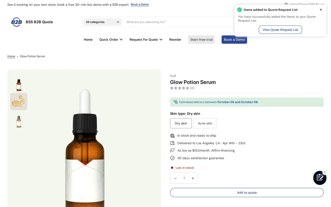 Product page on the BSS B2B Quote demo storefront with no price or Add to cart button, an Add to quote button, and a toast confirming items were added to the quote list