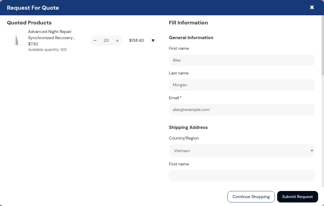 Request For Quote modal on the storefront with the quoted product, general information fields and a shipping address, with Continue Shopping and Submit Request buttons