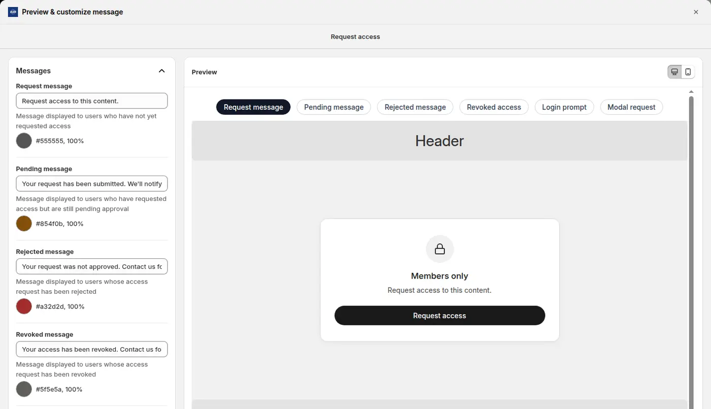BSS B2B Lock message preview for Request access showing Members only and a Request access button