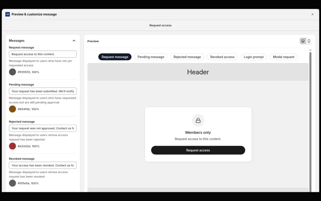 BSS B2B Lock message preview for Request access showing Members only and a Request access button