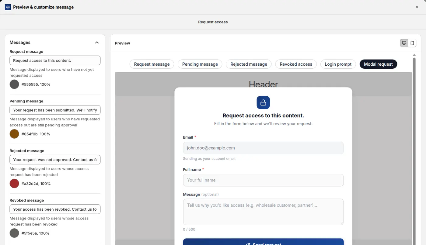 BSS B2B Lock request form preview with email, full name and an optional message field