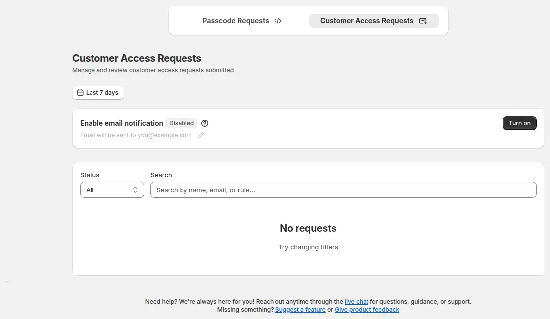 BSS B2B Lock Customer Access Requests tab with status and search filters and an empty request list
