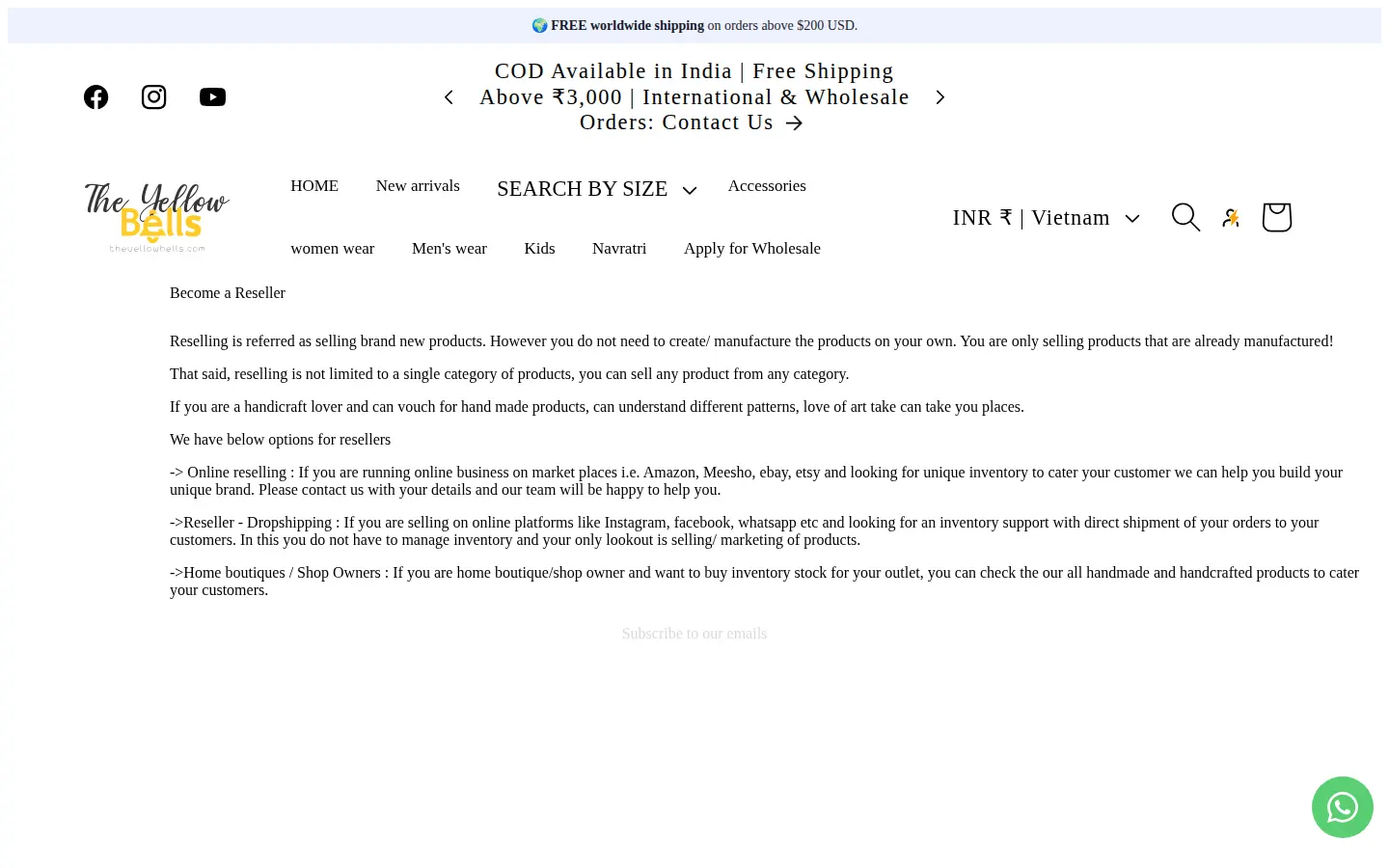 The Yellow Bells Become a Reseller page describing online reselling, dropshipping and home boutique options