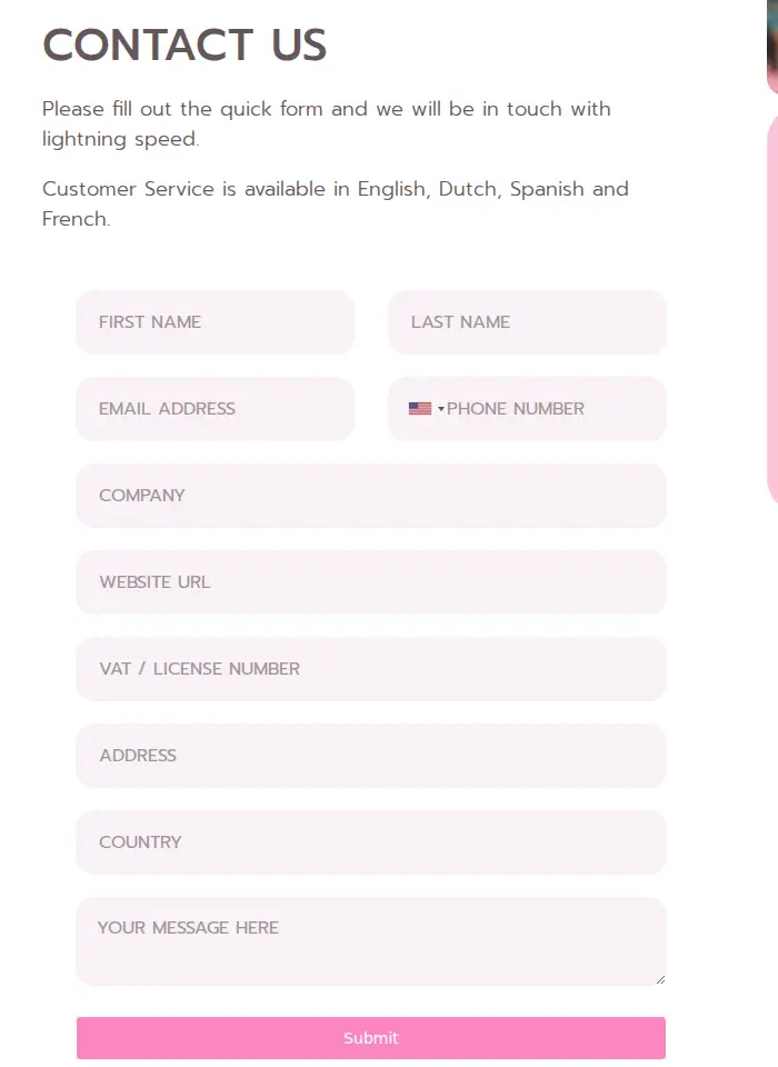 Curly Secret Pro partner contact form asking for name, email, phone, company, website, VAT or licence number, address, country and a message
