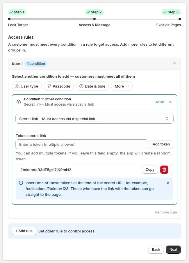 BSS B2B Lock Access & Message step with the Secret link condition, a token field, an Add token button and the generated example URL