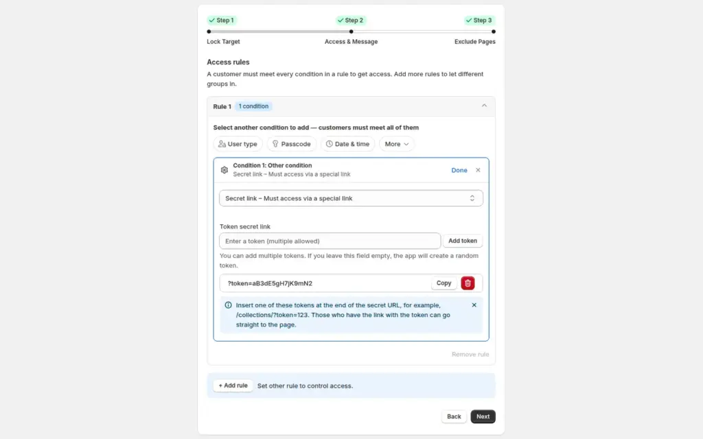 BSS B2B Lock Access & Message step with the Secret link condition, a token field, an Add token button and the generated example URL