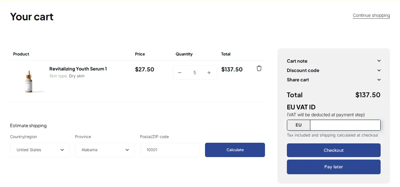 Demo storefront cart page for a product at 5 units with the cart total and the Checkout and Pay later buttons