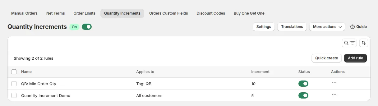 Quantity Increments page in the BSS B2B Solution admin with two rules, one for a customer tag with an increment of 10 and one for all customers with an increment of 5