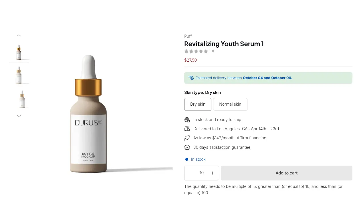 Demo storefront product page with a quantity of 10 and the hint The quantity needs to be multiple of 5, greater than or equal to 10, and less than or equal to 100